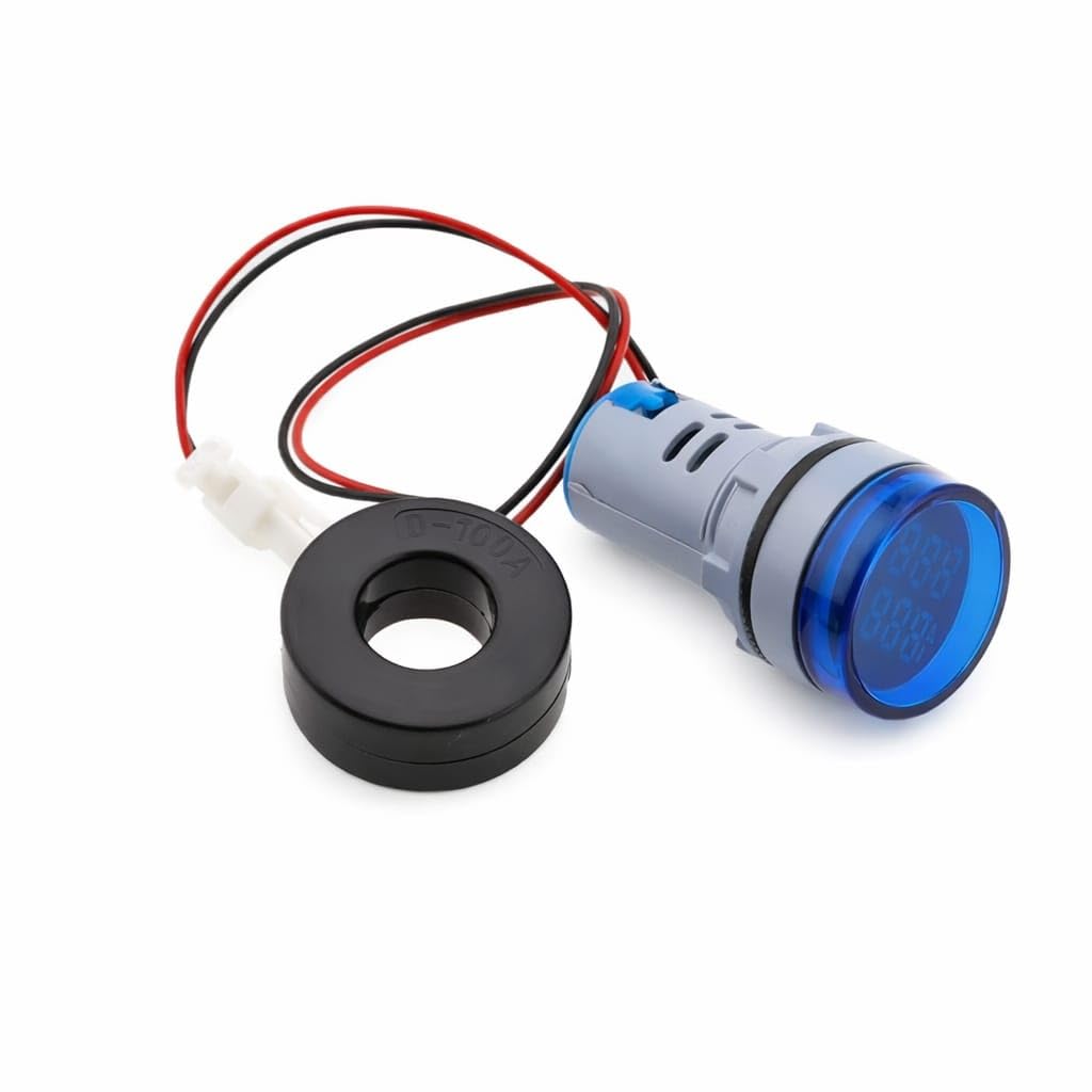 digital voltmeter ammeter round panel mount meter with current transformer (ct) | ac voltage & current meter | led display | voltage current monitor for electrical panel, control board (blue)