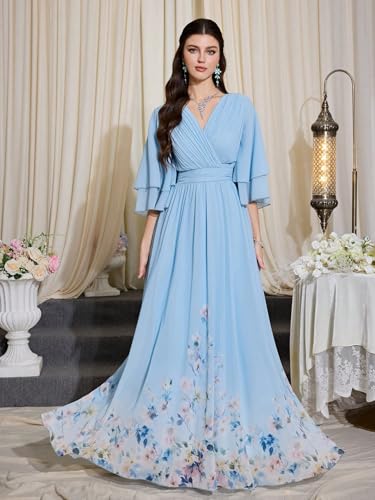 Image of TOLEEN Summer Casual Dresses for Women 2024 Spring Fashion Boho V Neck Long Sleeve Ruffle Floral Print Elegant Maxi Dress