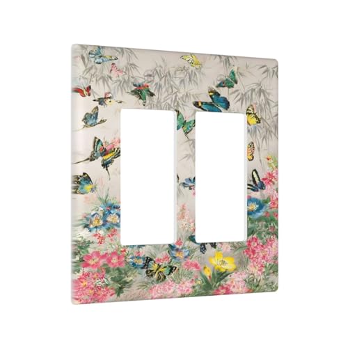 Decorative Outlet Covers Boho Wildflowers Butterfly Rustic Blue Pink Flowers 2 Gang Wall Plate Double Rocker Two Switch Wall Cover Plate Light Switch Cover Plate Faceplate for Home Decor