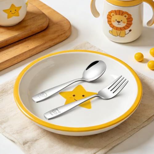 Joyfair Kinderbesteck, 6-teilig Edelstahl Kleiner Kinder Besteck Set mit Gravur, Kindergeschirr Set mit 3 x kindergabel und 3 x Kinderlöffel für Mädchen Jungen ab 3 Jahre, Gesund & Spülmaschinenfest