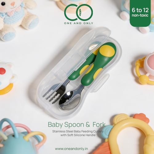 Image of Baby Spoon and Fork Set, Green Stainless Steel & Silicone Toddler Cutlery Set with Easy Grip, 2 Pc, Self Feeding Utensils for Baby Meals School and Travel, Mealtime Essential