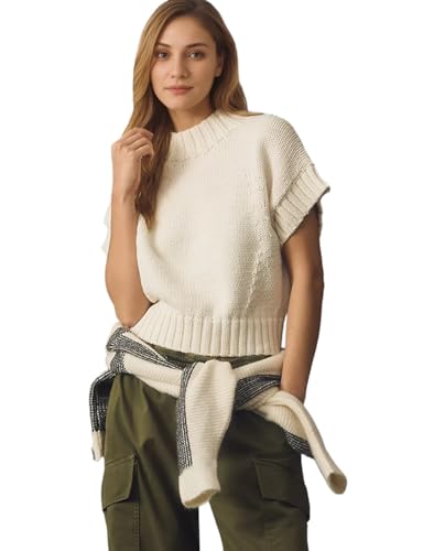 Image of Womens Mock Neck Cap Sleeve Sweater Vest Casual Solid Cropped Tank Tops Pullover Sweaters