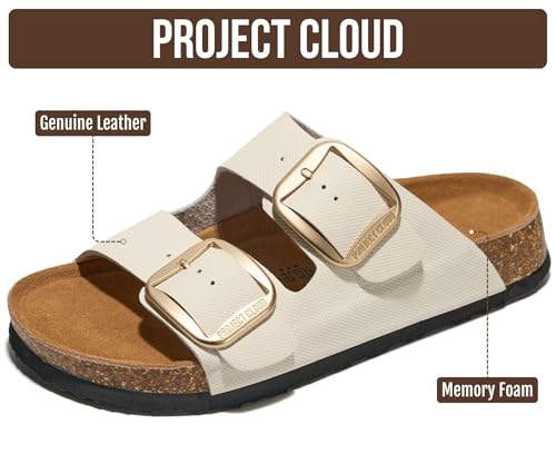 Image of Project Cloud 100% Genuine Leather Footbed Sandals for Women 2026 Comfortable Beach Essentials Womens Sandals Memory Foam Vacation Essentials Slides for Women Footwear (Santorini)