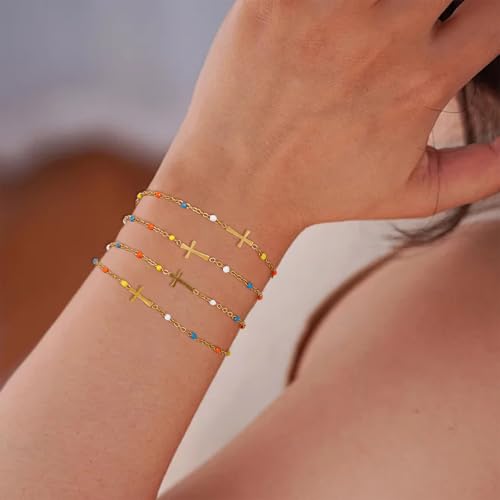COLOYAN 9pcs Cross Bracelets for Women 18K Gold Plated Cross Bracelet Colored Adjustable Stainless Steel Faith Bracelet Jewelry 6
