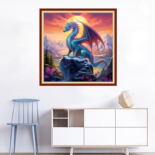 Image of Joyhoor Cross Stitch Kits for Beginners Stamped Cross-Stitch Supplies Needlework preprint Embroidery Kits for Adults DIY Needlepoint Kits Embroidery Patterns 11CT-Sunrise Colored Dragon 18x18 inchs