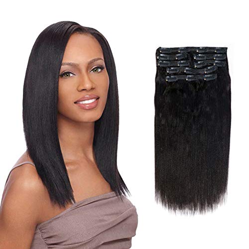 Vanalia 9A Perm Yaky hair extensions clip in human hair Double Wefted Natural Black 100% Remy Human Hair 120 Gram 7 Pieces 18 Clips for African American Black Women Yaki 12 Inch