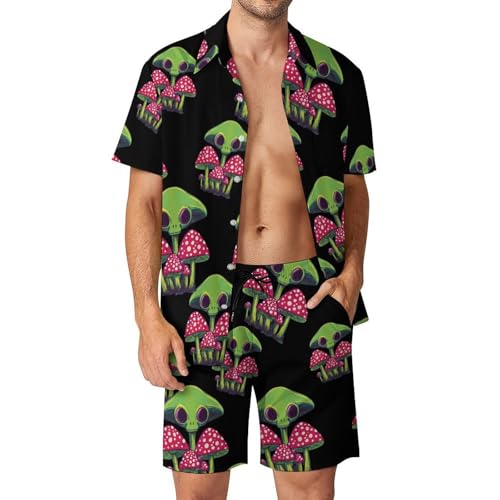 Conjunto de 2 piezas de camisa con botones y pantalones cortos Green Aliens Mushroom para hombre