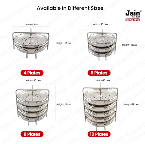 JAIN Stainless Steel 2in1 Thatte Idly Stand | Dhokla Maker & Idiappam Stand - 10 Plates Thatte Idli Plate with Stand & Momos Steamer Stand (5 Thattu Idly Plates, 5 Idiappam Plates, 1 Stand)