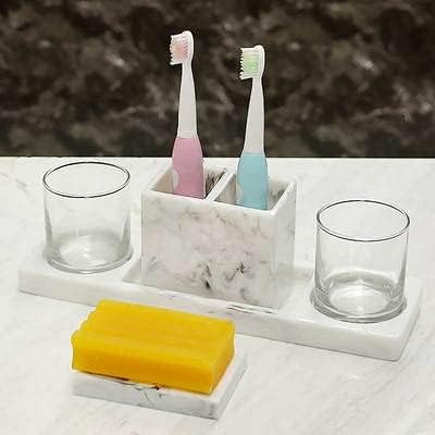 Bathroom Kit Marble Pattern Electric Toothbrush Holder Bathroom Set Tray Glass Toothbrush Cup Soap Box Bathroom Accessories Set (5PCS Set)