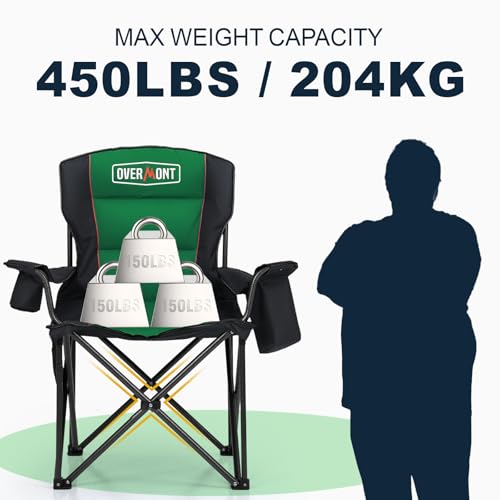 OVERMONT Übergroßer Klappbar Camping Stuhl - bis 204KG Belastbar - Faltstuhl Gepolstert mit Getränkehalter Kühltasche hoher Rückenlehne für Garten Balkon Strand Angeln