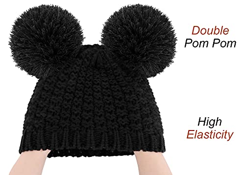 Livingston Women Beanie Hat Cable Knit Double Pompom Ears Winter Hat Cute Beanie For Women Knit Pom Beanie For Winter, Black Beanie #TOP2