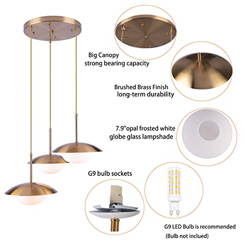 Byoliima Modern Pendant Lighting 3 Lights Industrial Adjustable Hanging Light Fixtures With Dome Shade White Globe Glass Shade Gold Chandelier Ceiling Lamp For Kitchen Island, Living Room, Dining Room #TOP4