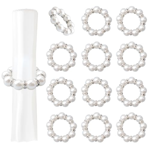 URROMA Lot de 12 Ronds de Serviette avec Perles Blanches et Strass pour Anniversaire, Mariage, Pâques, Table de Salle à Manger, fête