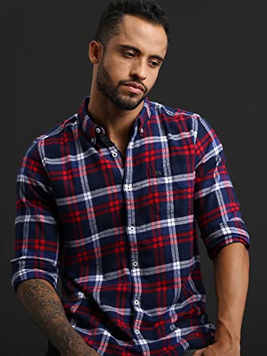 Image of THE BEAR HOUSE Men's Cotton Blue & Red Checks Slim Fit Shirt | L |TBH-Bud-BL-L |