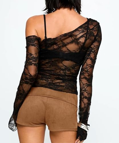 Off The Shoulder Coquette See Through Sheer Mesh Lace Tops for Women Long Sleeve Going Out Tops Club Rave Outfits2