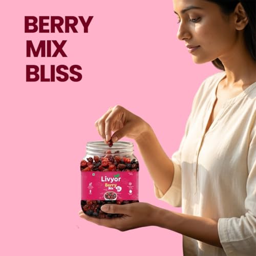 Image of Livyor 5 in 1 Berry Mix for eating - 400 gm | Good Source of Fibre | Dried Cranberries | Black Raisins | Cherries | Blueberries | Strawberries | Berry Blast | Berries dry fruits | Berries fresh | (Pack of 1)