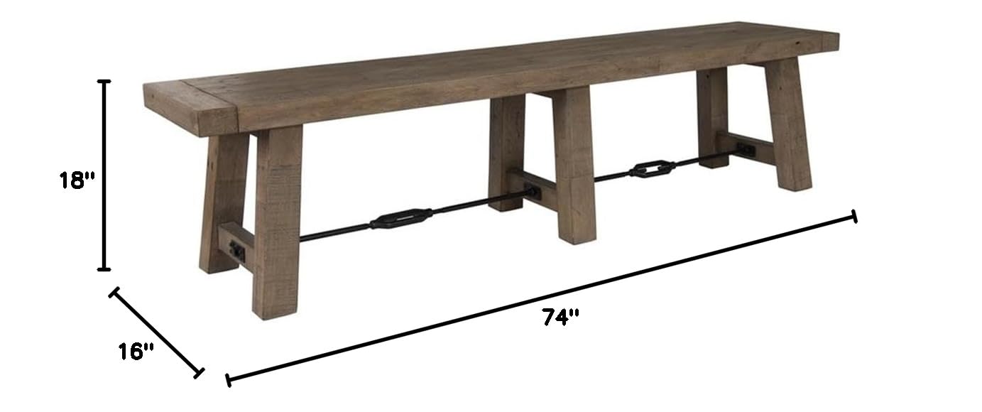 Pemberly Row Transitional Reclaimed Pine Bench, 74 in Wide, Weathered Brown Finish, Seats up to 3, Metal Turnbuckle Accents, Hand-Finished Dining or Kitchen Room Seating