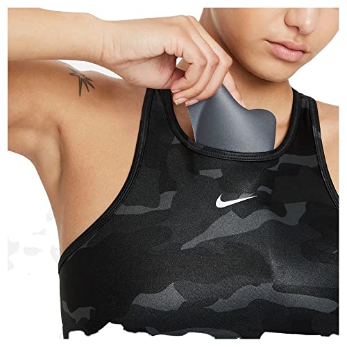 Nike Women’s Medium Support Sports Bra Camo Design -1-Piece Pad - High-Neck - Dri-Fit Swoosh (Large, Grey/Black) #TOP3