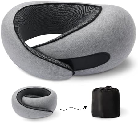 Travel Neck Pillows for Airplanes, 100% Pure Memory Foam Travel Neck Pillow, 360° Support, Compact and Ergonomic Design for Sleeping, Long Flight, Train, Office (Light Gray)