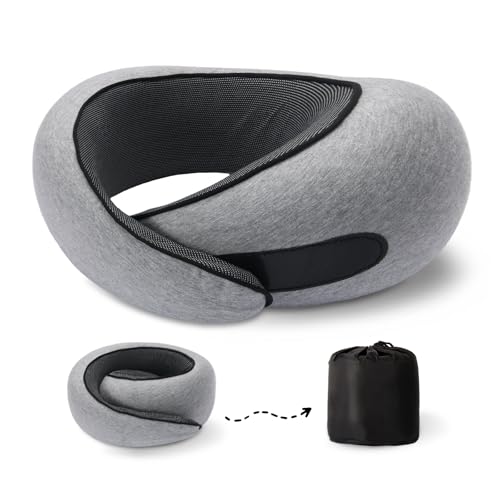 Tulvixxo Travel Neck Pillows for Airplanes, 100% Pure Memory Foam Travel Neck Pillow, 360° Support, Compact and Ergonomic Design for Sleeping, Long Flight, Train, Office (Light Gray)