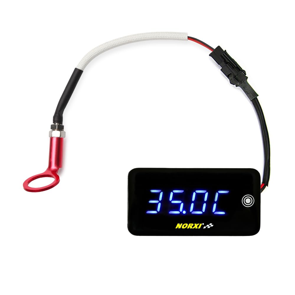 Termometro Digitale Universale per Moto, 3in1 Moto del motore Termometro Orologio Impermeabili Voltmetro per Moto, Celsius Fahrenheit Possono Convertiti, con Sensore Temperatura Adapter, 14mm Blu