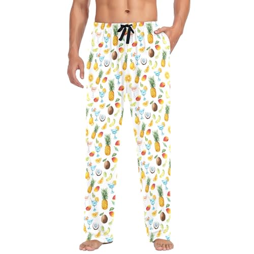 Mens Cotton Pajama Pants Sleep Lounge Pj Bottoms Sleepwear with Pockets Drawstring S Tropical Cocktail Fruits