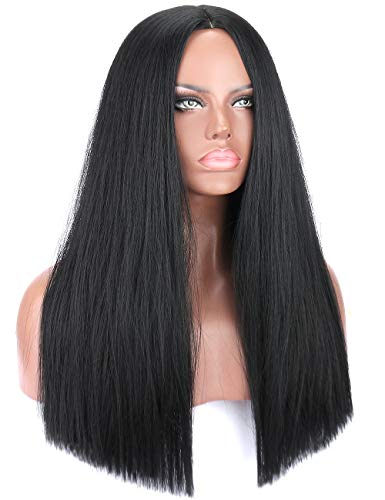 Kalyss 24” Blunt Cut off Black Wigs for Women Long Straight Yaki Synthetic Middle Parting Women's Wigs None Lace Front Women's Cosplay or Daily Wear Hairpiece with Two Combs Inside