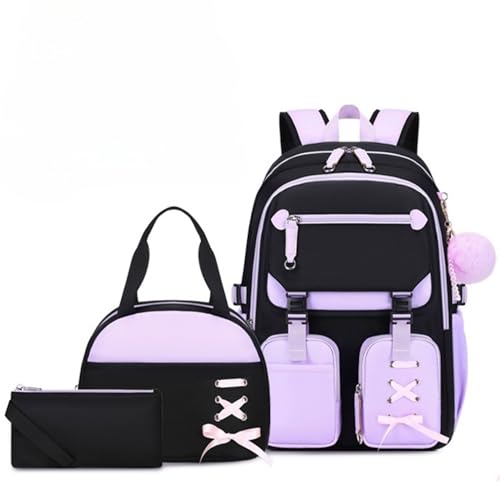 Color-block Girls Backpack with Lunch Box Pencil Case Set Girls Schoolbag Kids Bookbag Elementary Middle School