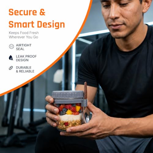 Image of Glass Mason Jars for Overnight Oats, 340 ml, Set of 2 | Leakproof, Airtight & Wide-Mouth Containers with Lids and Spoons | Thick Food-Safe Glass for Yogurt, Cereal and Snacks | Thick food-safe glass with airtight silicone seals and wide mouths for fresh, mess-free meals at home or on the go.