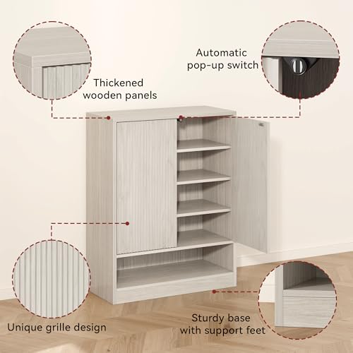 Image of Fluted Shoe Cabinet with Doors, 2 Pieces 41 inch Tall Entryway Shoe Organizer Cabinet with Adjustable Shelves, 5-Tier Modern Wood Free Standing Shoe Rack for Hallway, Living Room, Closet, Grey