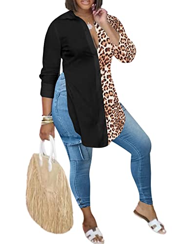 Image of LYANER Women's Collar Neck Long Sleeve Button Down Shirts Sexy Split Hem Tops Long Blouse Shirt Dress