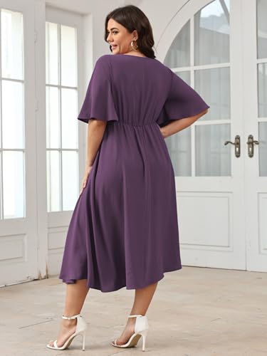 Image of SCOMCHIC Women Plus Size Midi Dresses Wedding Guest Short Sleeve V Neck Tie Waist Casual Summer Flowy A Line Dress