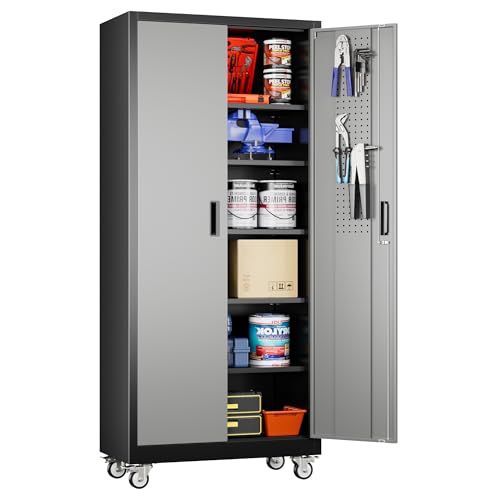Image of Aobabo Upgraded Garage Storage Cabinets with Wheels,Metal Storage Cabinets with 5 Adjustable Shelves for Garage Home Office Storage, Black&Dark Grey,71''H*32''W*16''D,Assembly Required