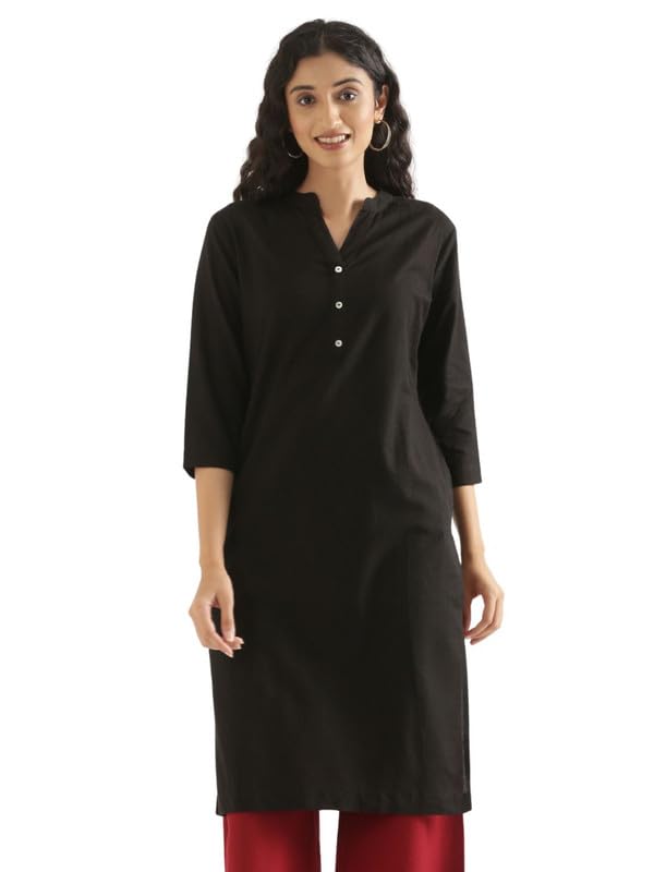 Image of SAADAA Women's Linen Straight Fit Straight Long Kurta Airy Plain Kurta, 3 /4 Sleeve, Knee Length Kurtis with Pockets, Casual and Office Wear