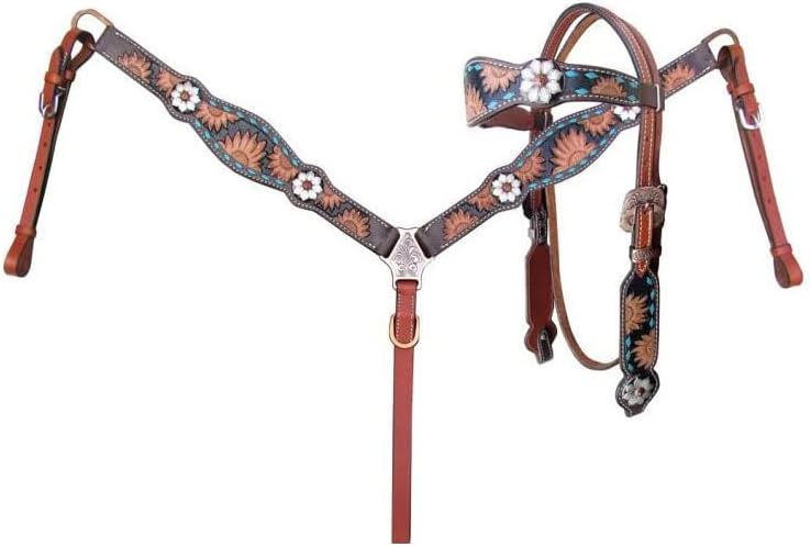 Western Headstall Breast Collar Reins Set Leather Hand Carved Tooled Equestrian Trail Horse Saddle Tack Set Full Cob Pony ST-HTS-052 (Cob)