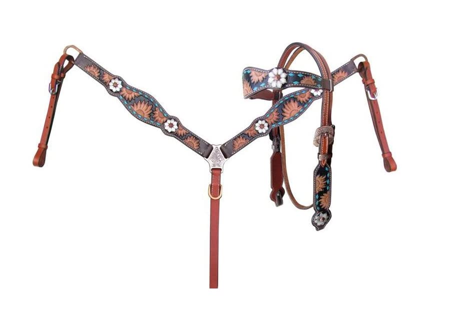 Western Horse - Testiera per cavallo, briglia, pettorale, redini, puntine, in pelle, con lavorazione floreale, realizzata a mano, corazza completa per pony, ME-HBC-052 (color cibo)