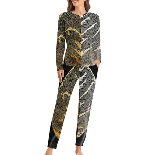 Pyjama femme Feuille d'or avec t-shirt manches longues et pantalon confortable