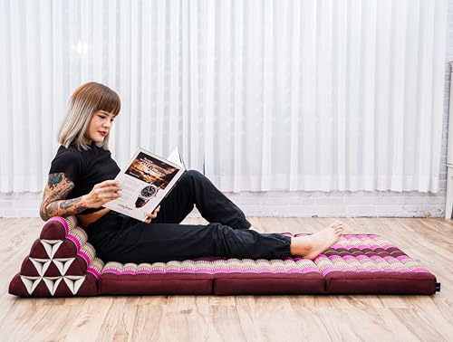 Image of Leewadee 3-Fold Mat XXL with Triangle Cushion - Firm TV Pillow, Foldable Mattress with Cushion Made of Kapok, 67 x 31 inches, Auburn Pink