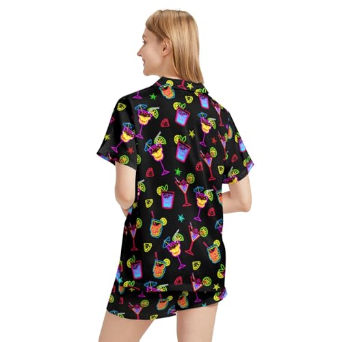 Image of Silk Satin Pajama Set for Women Summer Lounge Pjs Sets 2 Piece Suit Ladies Button Down Tops And Shorts Sleepwear