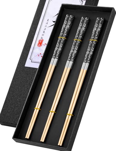 Image of Metal Chopsticks Reusable, Non-Slip Chop Sticks Reusable Dishwasher Safe, Titanium Plated Stainless Steel Chopsticks+Gold Black 3 Pairs