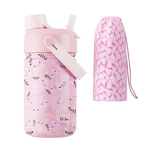12 oz Kids Insulated Water Bottle: 2-in-1 Straw Spout Lid, Leakproof, BPA-Free, Keep Cold 24H, Fits Car Cupholder, Stainless Steel Cup for Party, School, Holiday, Gift for Girls Daughters (Cotton Boo)