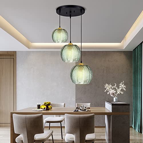 HSWOYEA Lámpara Colgante de Vidrio de 3 vías, lámparas Colgantes de Techo, lámpara Colgante de Vidrio Verde, lámpara Colgante Moderna para Cocina, Isla, Comedor, Sala de Estar, Loft (3 Cabezales)