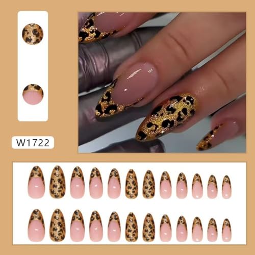 Image of Leopard Press on Nails Gold Glitter Fake Nails Medium Almond False Nail with Design Nude Glue on Nails Artificial Acrylic Full Cover French Tip Stick on Nail for Women Nail Art Decoration 24Pcs