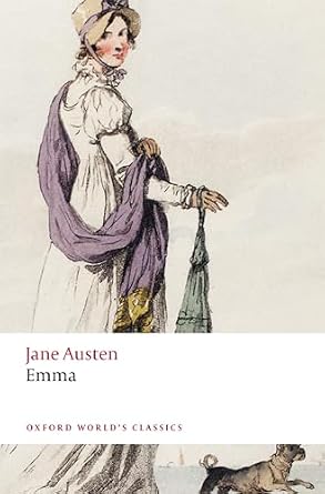 Emma by Jane Austen book cover featuring Emma in a bonnet, dress and shawl, with a dog at her feet.