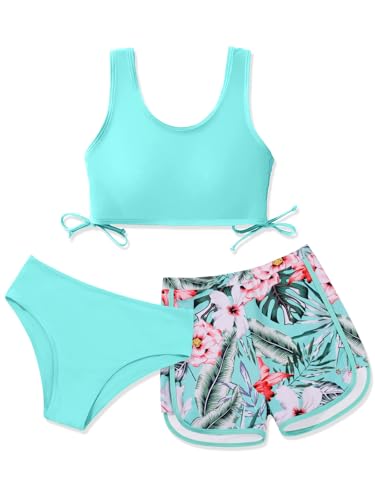 Image of Girl's 3 Piece Bikini Bathing Suit Printed Sport Swimsuits with Shorts Cove Up Sets Teen Girl's Swimwear