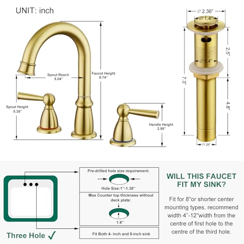 CREA Bathroom Sink Faucet, 2-Handle 3 Hole Bathroom Sink Faucet, Fit for 4inch and 8inch Sink with Pop UP Drain Stopper, Brushed Gold by CREA - Image 6