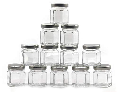 Image of Cute Hexagonal 50 Grams Airtight Glass Jar Containers for Honey, Spices & Other Kitchen Items with Rust Proof Silver Color Caps -Set of 12