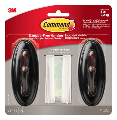 Command Medium Bronze Curtain Rod Hooks, 2 Hooks, 2 Strips