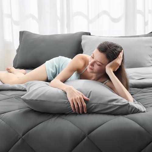 HEVUMYI Oversized Queen Comforter Set - 7-Piece All Season Bed in a Bag Oversized Queen, Ultra Soft Bedding Set with Comforter, Flat Sheet, Fitted Sheet, Pillowcases, Dark Grey & Light Grey