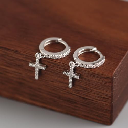 Kreuz Ohrringe Silber 925 Creolen Huggie Hoop Ohrringe für Frauen, Zierlich Kreuz Ohrringe mit glänzenden Zirkon Creolen Silber 925 klein Hypoallergene Jewerly für Mädchen Kind